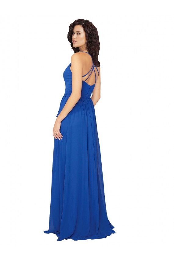 Azul real línea A Cuello en V Gasa Largo Vestidos de dama de honor Al Por Mayor