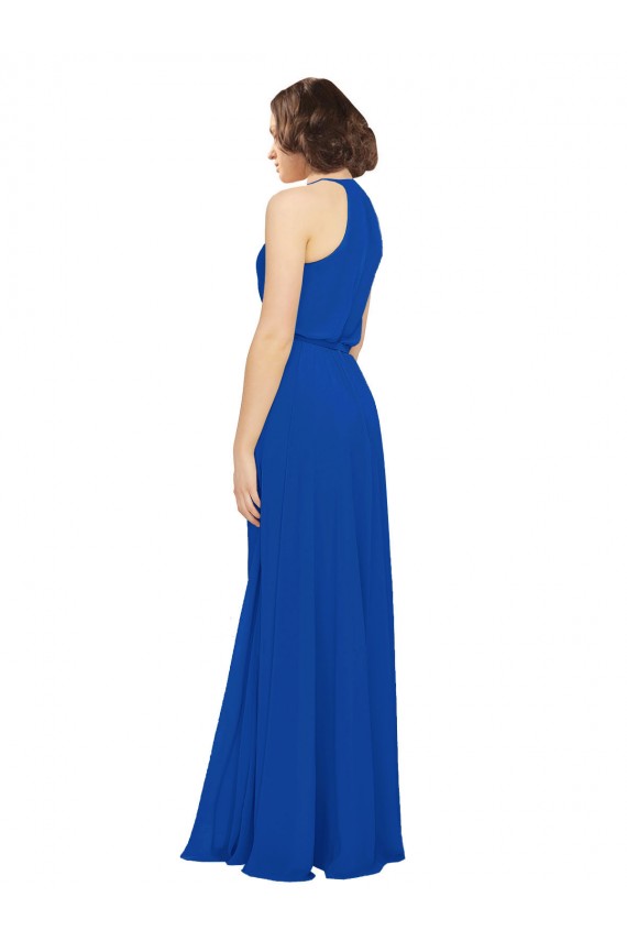 Azul real línea A Cuello joya Gasa Largo Vestidos de dama de honor Al Por Mayor