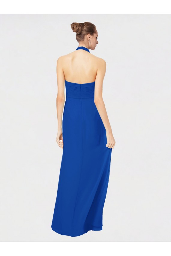 Azul real línea A Halter Gasa Largo Vestidos de dama de honor Al Por Mayor