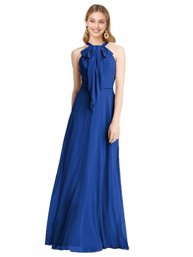 Azul real línea A Halter Gasa Largo Vestidos de dama de honor Al Por Mayor
