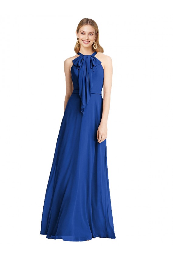 Azul real línea A Halter Gasa Largo Vestidos de dama de honor Al Por Mayor