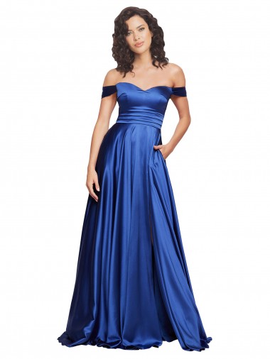 Azul real línea A Hombros Descubiertos Barrer tren Satén elástico Largo Formales Vestidos de dama de honor / Vestidos de fiesta Al Por Mayor
