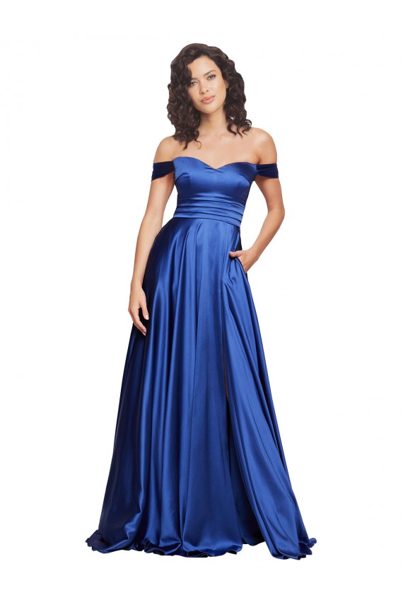 Azul real línea A Hombros Descubiertos Barrer tren Satén elástico Largo Formales Vestidos de dama de honor / Vestidos de fiesta Al Por Mayor