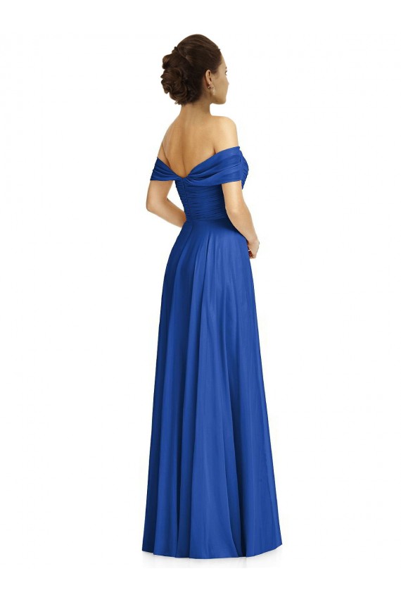 Azul real línea A Hombros Descubiertos Gasa Largo Vestidos de dama de honor Al Por Mayor