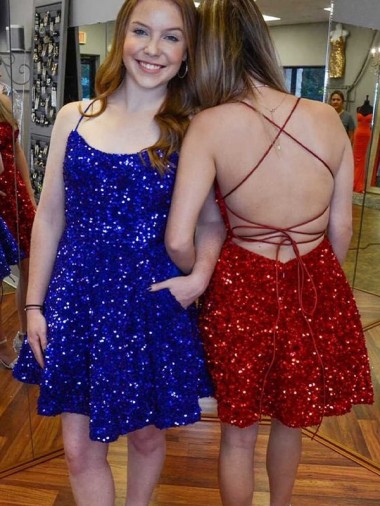 Azul real línea A Tirantes espagueti Corto Lentejuelas Terciopelo Corto Vestidos de fiesta Al Por Mayor