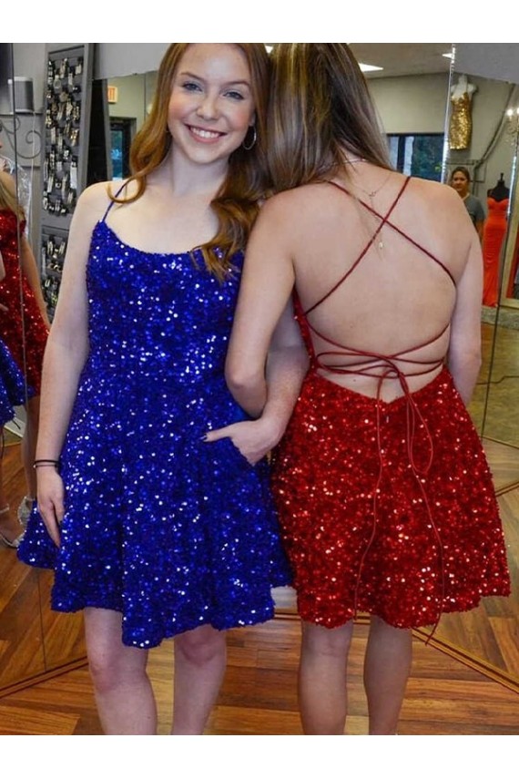 Azul real línea A Tirantes espagueti Corto Lentejuelas Terciopelo Corto Vestidos de fiesta Al Por Mayor