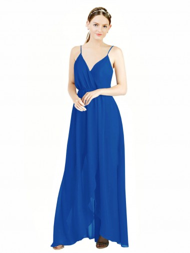 Azul real línea A Tirantes espagueti Cuello en V Gasa Largo Vestidos de dama de honor Al Por Mayor