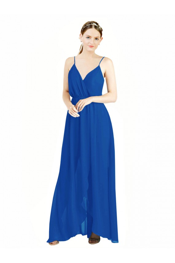 Azul real línea A Tirantes espagueti Cuello en V Gasa Largo Vestidos de dama de honor Al Por Mayor