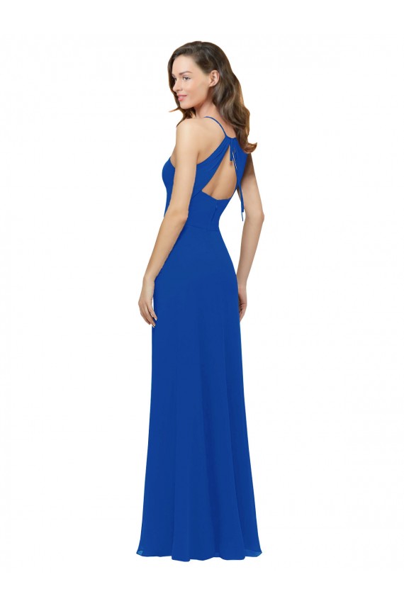 Azul real línea A Tirantes espagueti Cuello en V Gasa Largo Vestidos de dama de honor Al Por Mayor