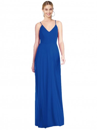 Azul real línea A Tirantes espagueti Cuello en V Gasa Largo Vestidos de dama de honor Al Por Mayor