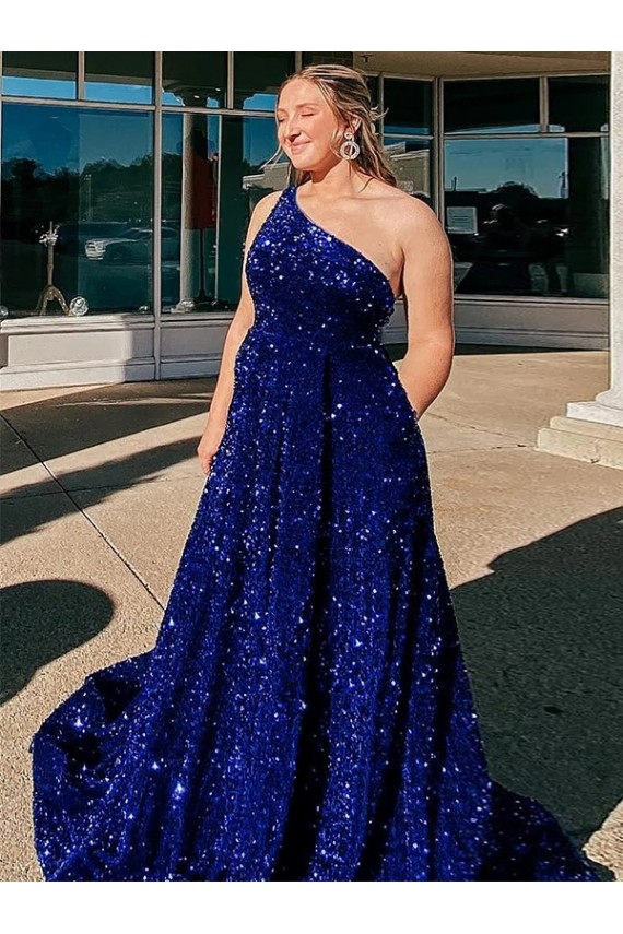 Azul real línea A Un Hombre Barrer tren Lentejuelas Terciopelo Largo Vestidos de fiesta Al Por Mayor