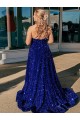 Azul real línea A Un Hombre Barrer tren Lentejuelas Terciopelo Largo Vestidos de fiesta Al Por Mayor