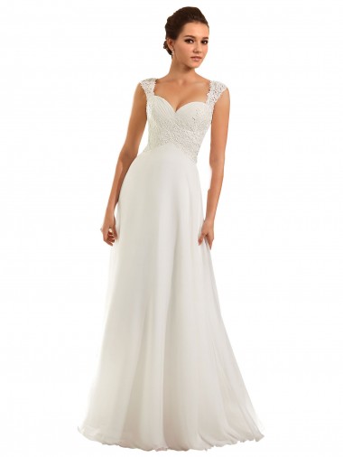 Blanco Cubierta Cuello de Corazón Cola capilla Gasa Encaje Vestidos de novia Al Por Mayor