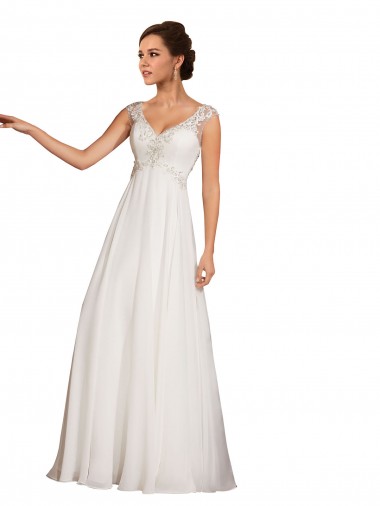 Blanco Cubierta Cuello en V Cola capilla Gasa Encaje Vestidos de novia Al Por Mayor