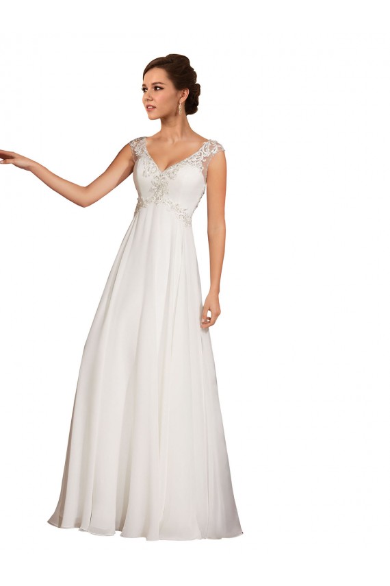 Blanco Cubierta Cuello en V Cola capilla Gasa Encaje Vestidos de novia Al Por Mayor