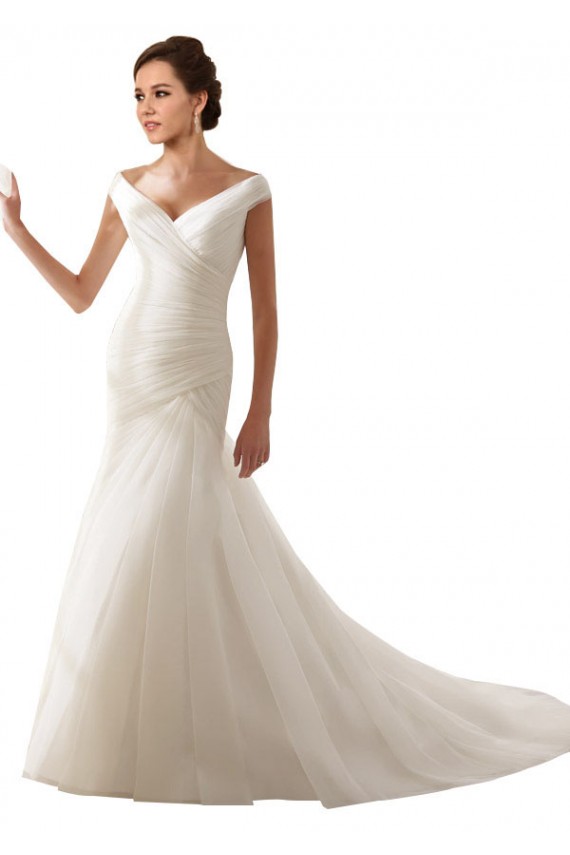 Blanco Cubierta Hombros Descubiertos Cola capilla Tul Vestidos de novia Al Por Mayor