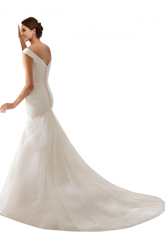 Blanco Cubierta Hombros Descubiertos Cola capilla Tul Vestidos de novia Al Por Mayor