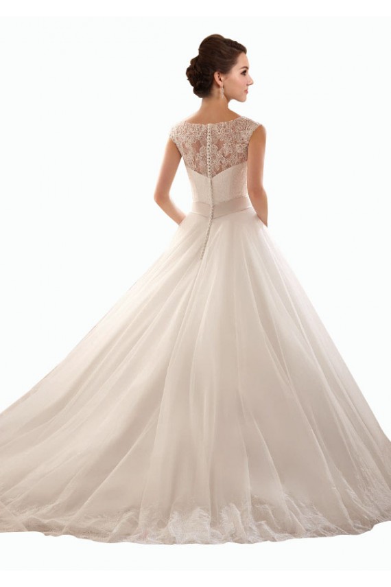 Blanco Hombros Descubiertos Cola capilla Tul Encaje Vestidos de novia Al Por Mayor