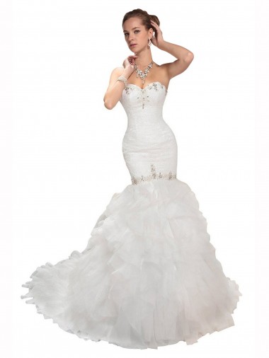Blanco Sirena Cuello de Corazón Cola capilla Tul Vestidos de novia Al Por Mayor