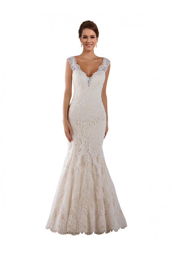 Blanco Sirena Cuello en V Cola capilla Encaje Vestidos de novia Al Por Mayor