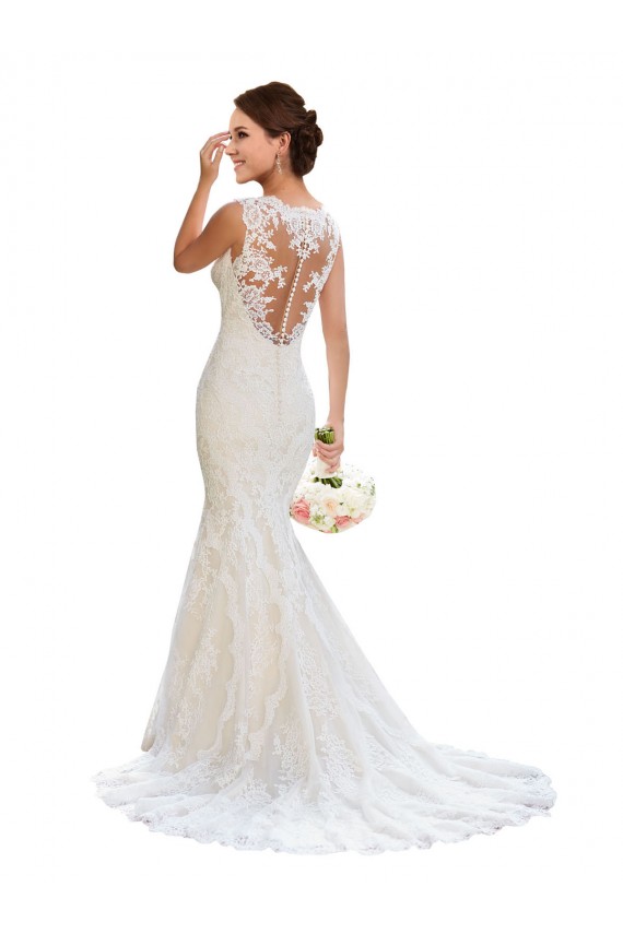 Blanco Sirena Cuello en V Cola capilla Encaje Vestidos de novia Al Por Mayor