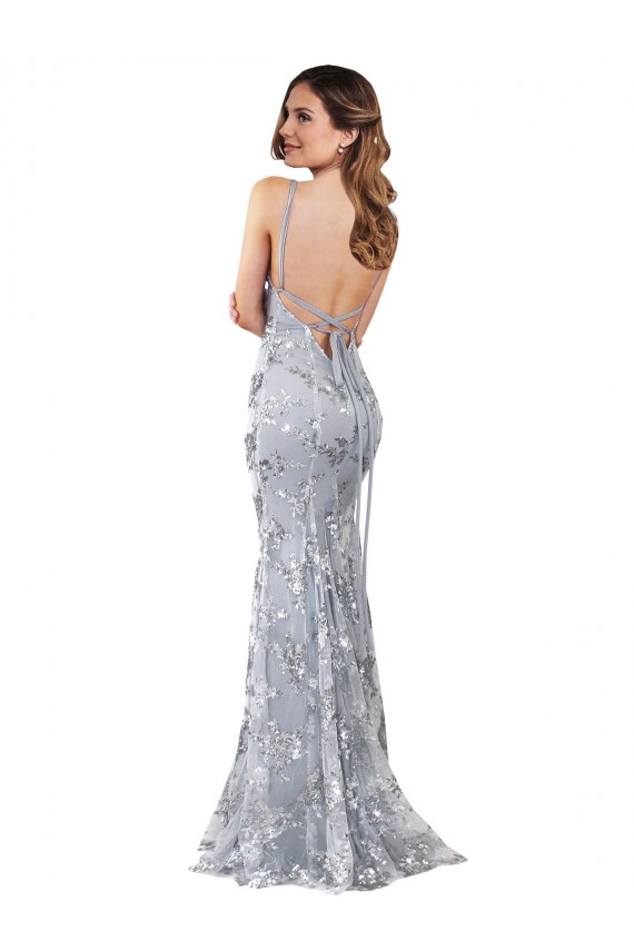 Plata Sirena Cuello en V Cuello Alto Crepé Elástico Lentejuela Tul Largo Formales Vestidos de dama de honor / Vestidos de fiesta Al Por Mayor