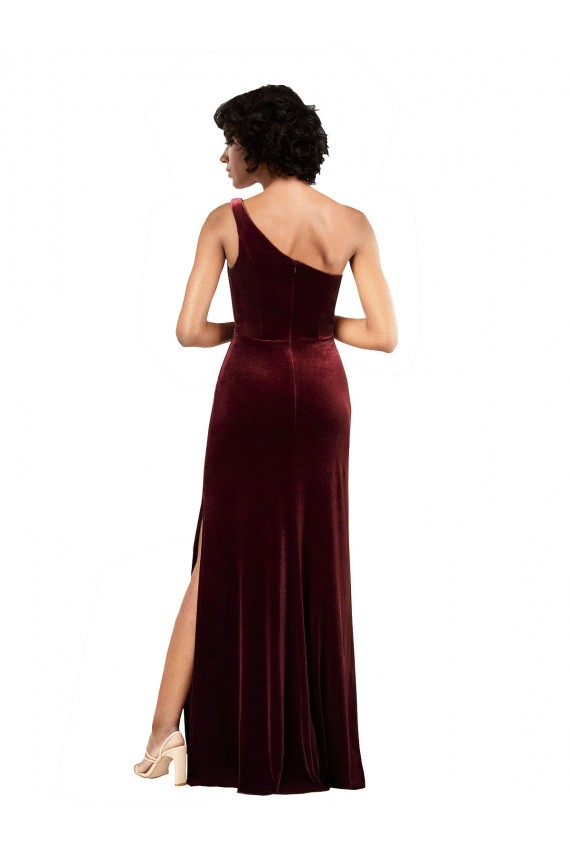 Borgoña Columna Un Hombre Terciopelo Elástico Largo Formales Vestidos de dama de honor / Vestidos de fiesta Al Por Mayor