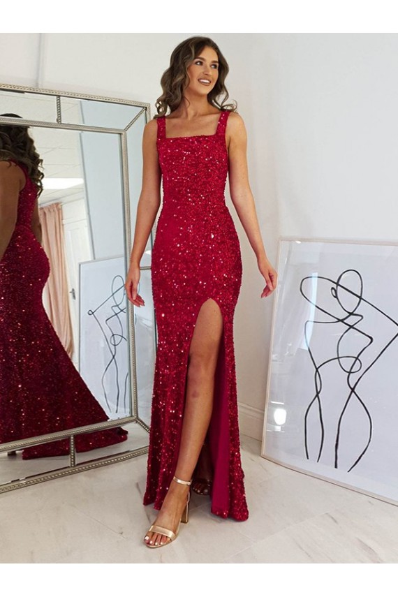 Borgoña Cubierta Cuadrado Lentejuelas Terciopelo Largo Vestidos de fiesta Al Por Mayor