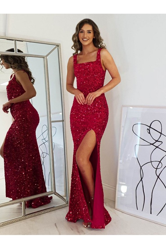 Borgoña Cubierta Cuadrado Lentejuelas Terciopelo Largo Vestidos de fiesta Al Por Mayor