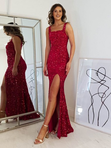Borgoña Cubierta Cuadrado Lentejuelas Terciopelo Largo Vestidos de fiesta Al Por Mayor