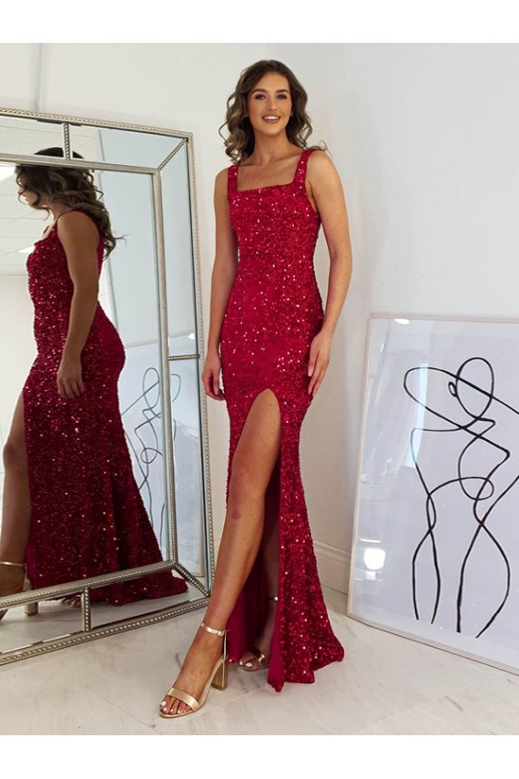 Borgoña Cubierta Cuadrado Lentejuelas Terciopelo Largo Vestidos de fiesta Al Por Mayor