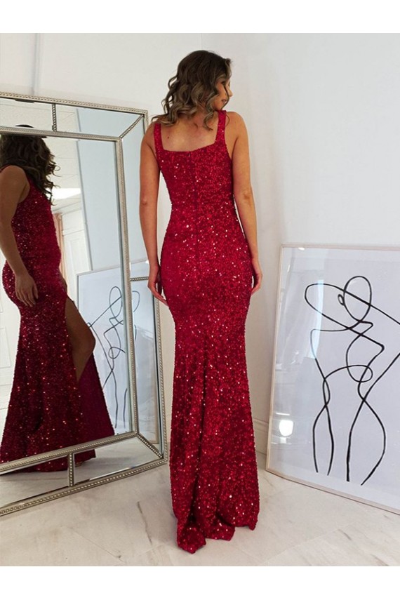 Borgoña Cubierta Cuadrado Lentejuelas Terciopelo Largo Vestidos de fiesta Al Por Mayor