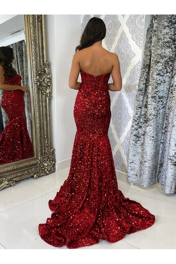 Borgoña Cubierta Cuello de Corazón Cola corte Lentejuelas Terciopelo Largo Vestidos de fiesta Al Por Mayor