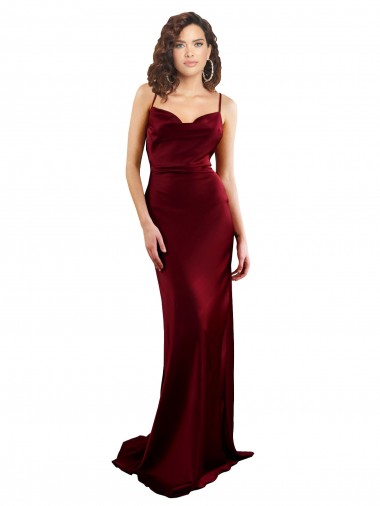Borgoña Cubierta Satén sedoso Largo Formales Vestidos de dama de honor / Vestidos de fiesta Al Por Mayor