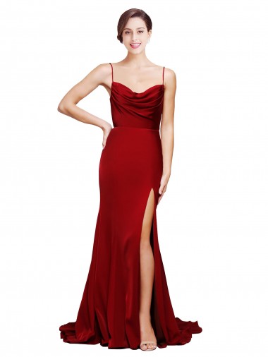 Borgoña Cubierta Tirantes espagueti Barrer tren Satén elástico Largo Formales Vestidos de dama de honor / Vestidos de fiesta Al Por Mayor