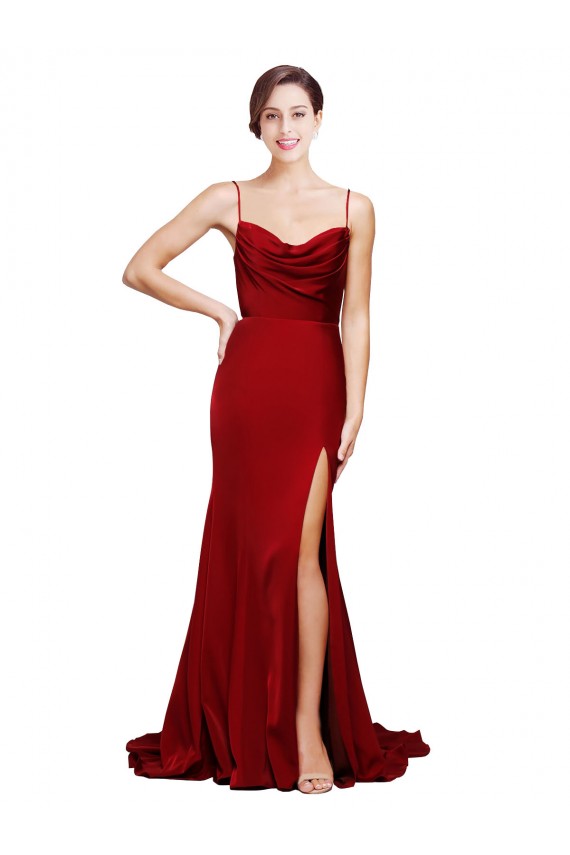 Borgoña Cubierta Tirantes espagueti Barrer tren Satén elástico Largo Formales Vestidos de dama de honor / Vestidos de fiesta Al Por Mayor