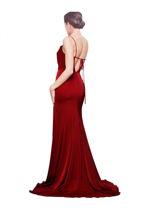 Borgoña Cubierta Tirantes espagueti Barrer tren Satén elástico Largo Formales Vestidos de dama de honor / Vestidos de fiesta Al Por Mayor