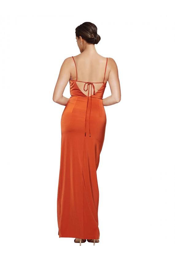 Rust Cubierta Tirantes espagueti Barrer tren Satén elástico Largo Formales Vestidos de dama de honor / Vestidos de fiesta Al Por Mayor
