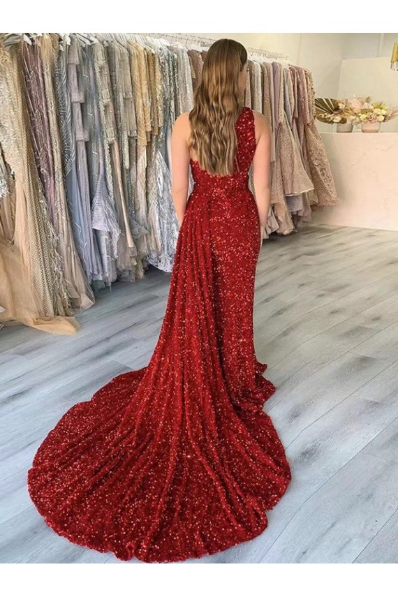 Borgoña Cubierta Un Hombre Cola corte Lentejuelas Terciopelo Largo Vestidos de fiesta Al Por Mayor