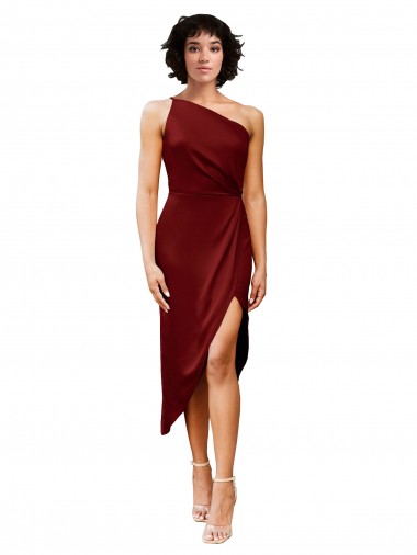 Borgoña Cubierta Un Hombre Midi Satén elástico Corto Formales Vestidos de dama de honor / Vestidos de fiesta / Vestidos de cóctel Al Por Mayor