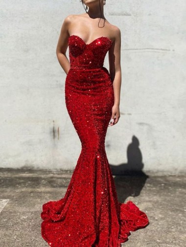 Borgoña Sirena Cuello de Corazón Cola corte Lentejuelas Terciopelo Largo Vestidos de fiesta Al Por Mayor