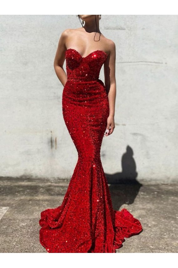 Borgoña Sirena Cuello de Corazón Cola corte Lentejuelas Terciopelo Largo Vestidos de fiesta Al Por Mayor