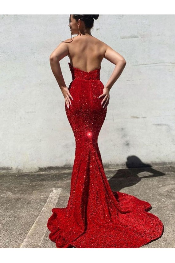 Borgoña Sirena Cuello de Corazón Cola corte Lentejuelas Terciopelo Largo Vestidos de fiesta Al Por Mayor