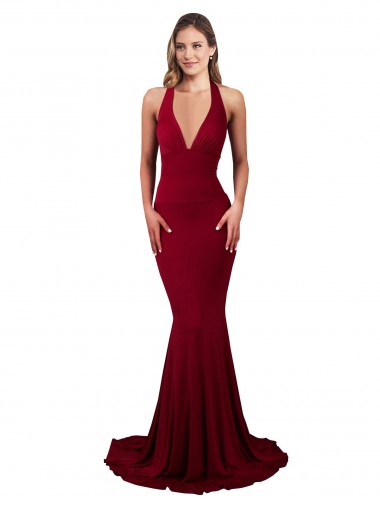 Borgoña Sirena Halter Cuello en V Spandex Largo Formales Vestidos de dama de honor / Vestidos de fiesta Al Por Mayor