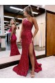 Borgoña Sirena Un Hombre Barrer tren Lentejuelas Terciopelo Largo Vestidos de fiesta Al Por Mayor