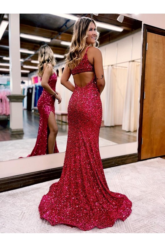 Borgoña Sirena Un Hombre Barrer tren Lentejuelas Terciopelo Largo Vestidos de fiesta Al Por Mayor