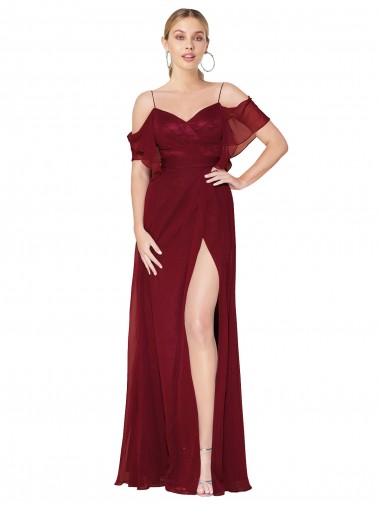 Borgoña Trompeta Hombros Descubiertos Gasa Largo Formales Vestidos de dama de honor / Vestidos de fiesta Al Por Mayor
