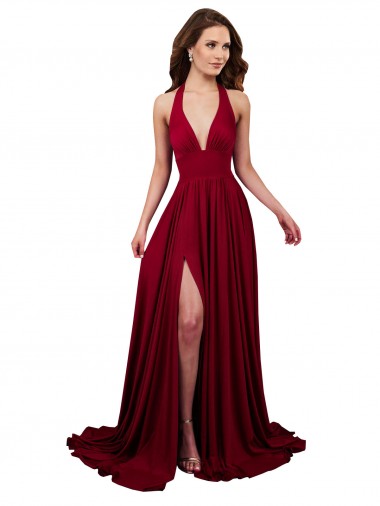 Borgoña línea A Halter Cuello en V Spandex Largo Formales Vestidos de dama de honor / Vestidos de fiesta Al Por Mayor