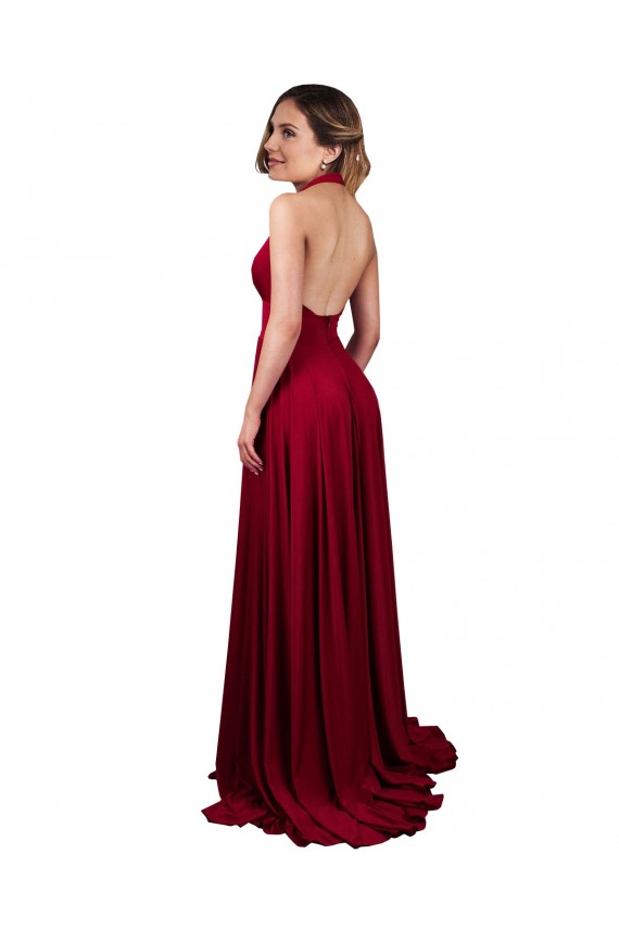 Borgoña línea A Halter Cuello en V Spandex Largo Formales Vestidos de dama de honor / Vestidos de fiesta Al Por Mayor