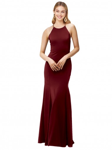 Borgoña oscuro Sirena Halter Cuello Alto Crepé Elástico Largo Formales Vestidos de dama de honor / Vestidos de fiesta Al Por Mayor